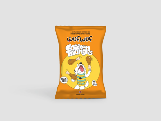 Dog-treat packet, 'Chicken Triangles' from Wufwuf