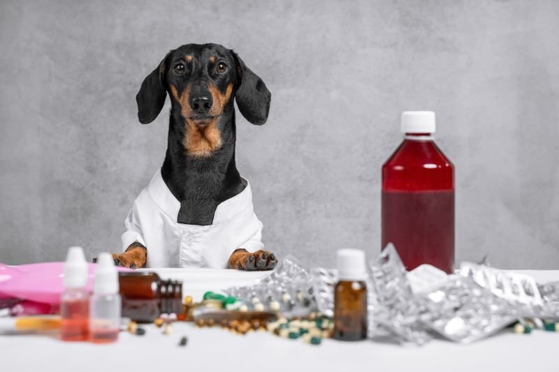 dachshund in doctor uniform with medicine and pills on table