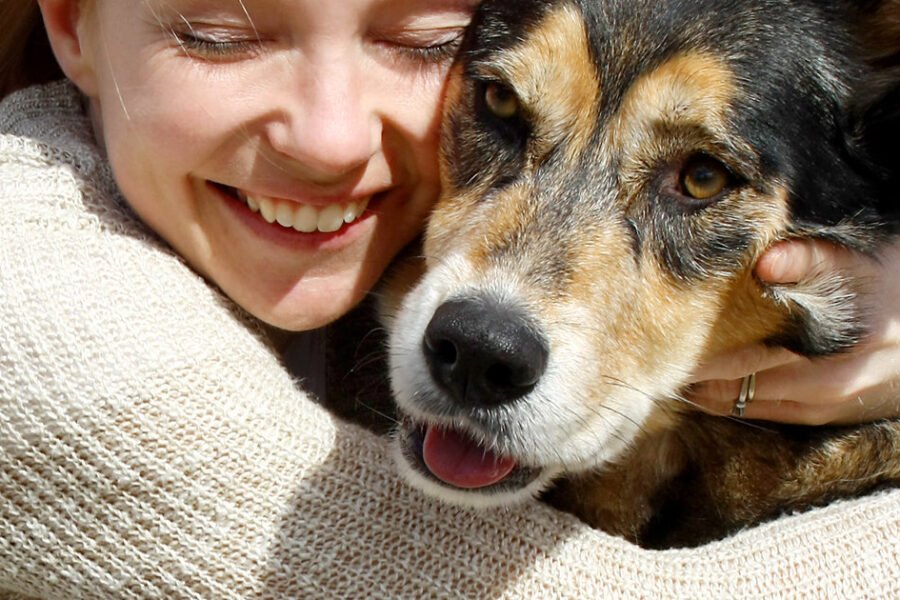 Woman hugs dog in close up. How to get a rescue dog.